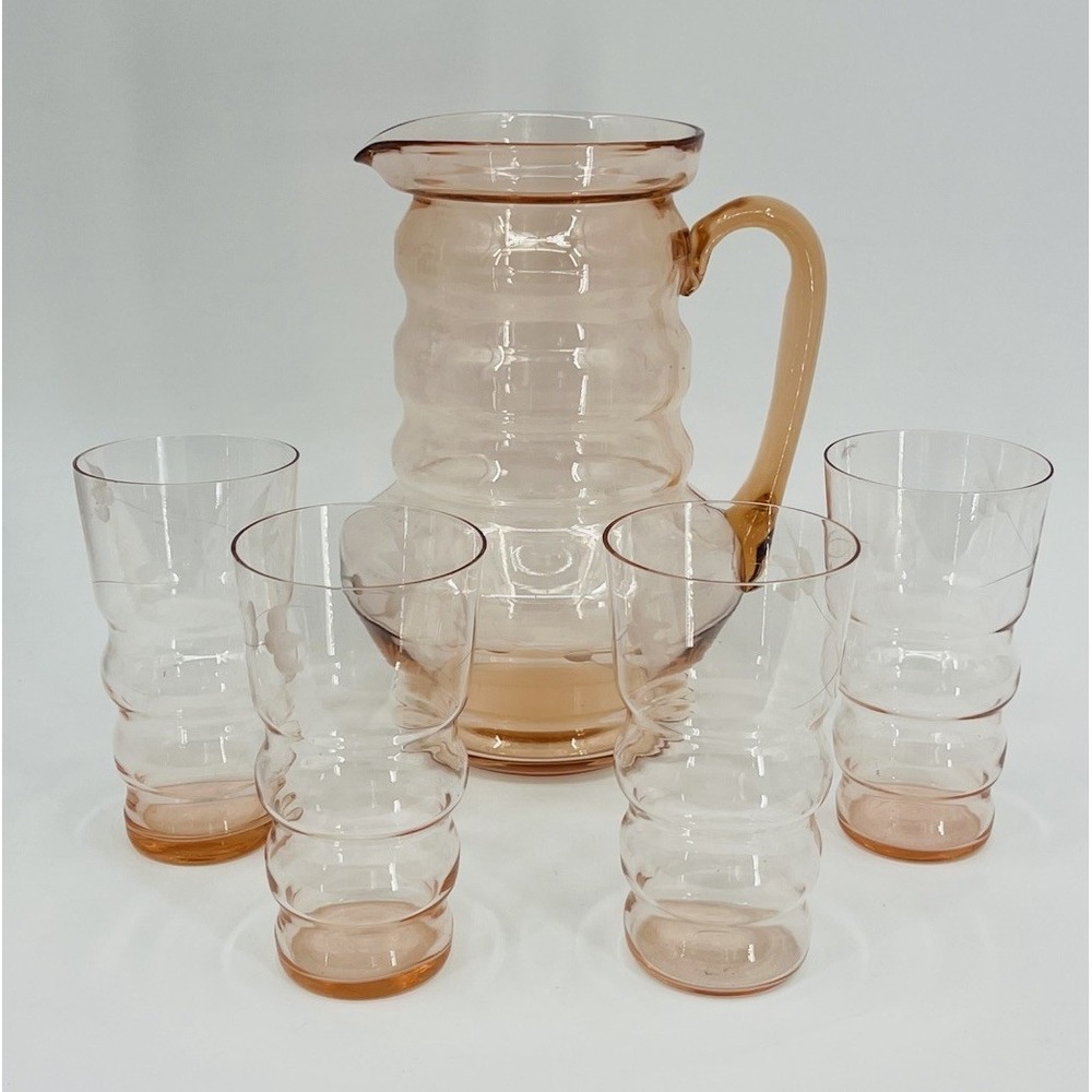Dunbar Depression Glass Pink Pitcher and 4 Glasses Etched Applied Handle